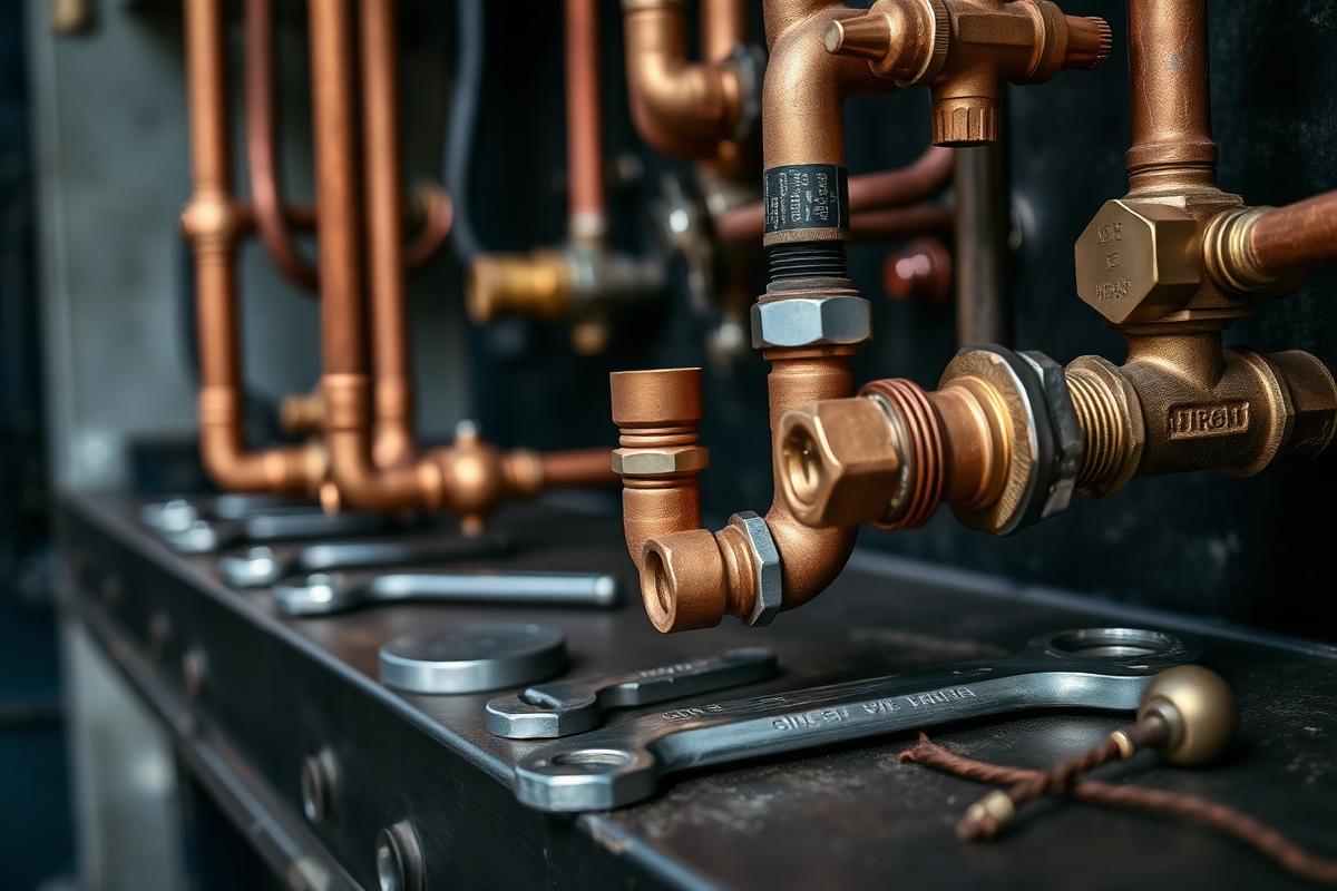 Copper plumbing pipes and brass fittings on a workbench